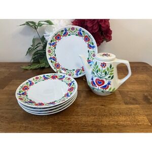 Vintage Dr. Oetker West Germany Teapot Plate Set‎ Folk Art Heart & Bird Pattern
